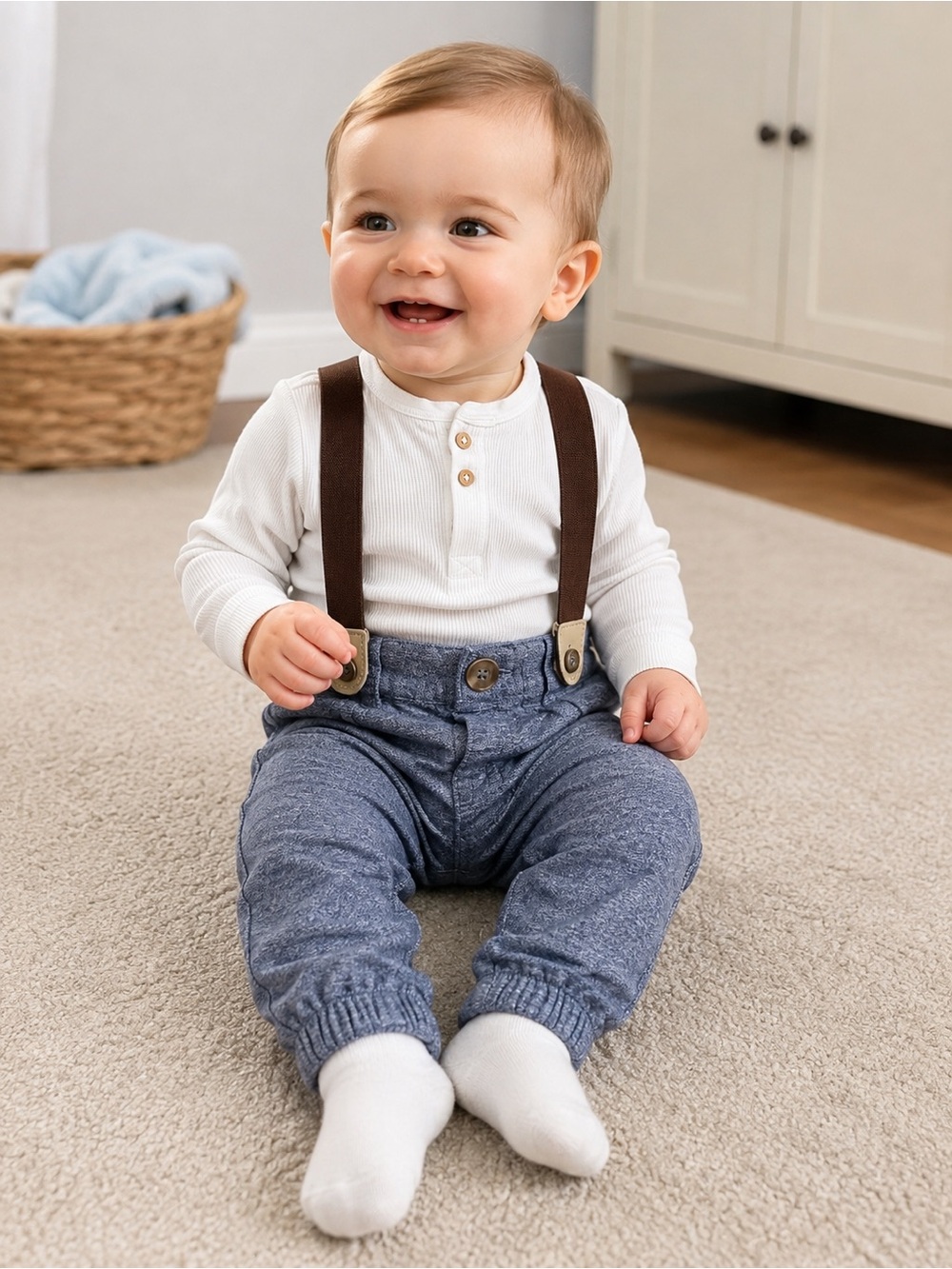 Cat & Jack Baby Boy Suspender Pants H&M Ribbed Bodysuit Outfit Set 6-9M Blue